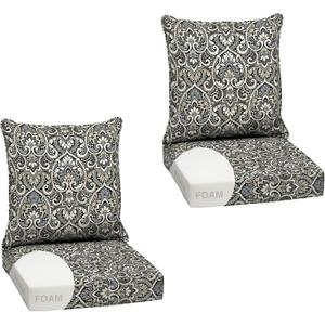 Arden Outdoor Foam Deep Seat Cushion Set (2-Pack), 24x24, Premium High-Density Foam, Never Flattens, Weather-Proof for Patio Chair Sofa Couch, Black Aurora Damask
