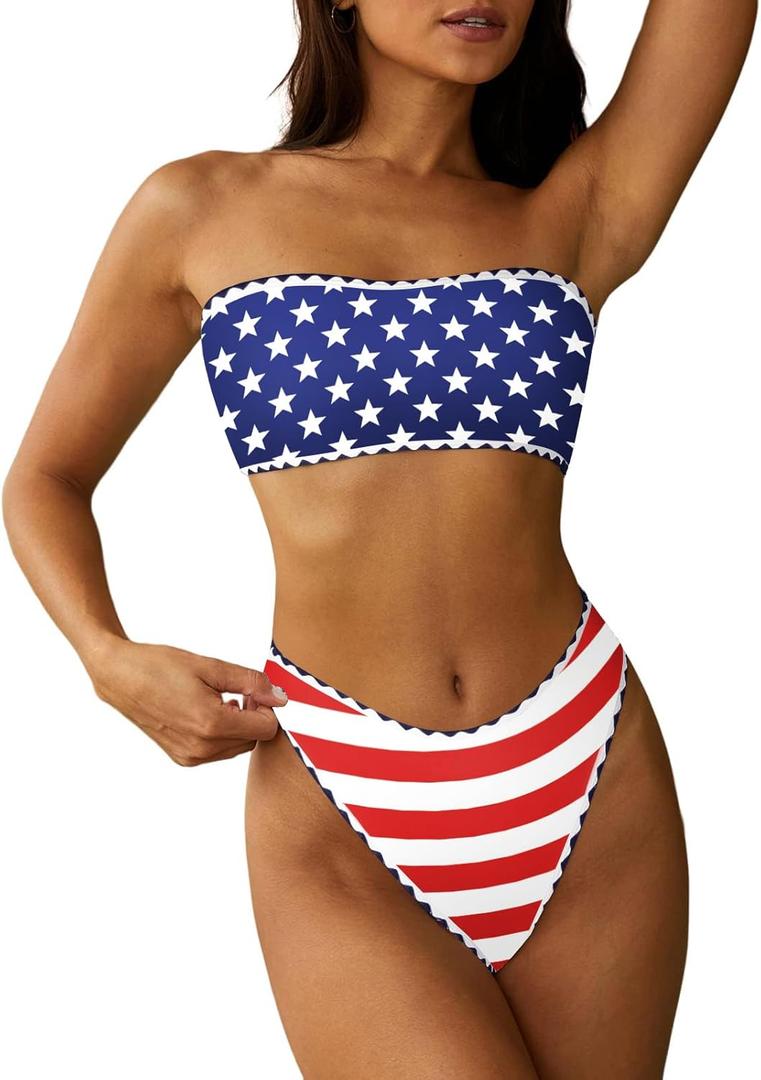 ZAFUL Women Strapless Textured Bandeau Bikini 2 Piece Swimwear Cheeky Solid Lace up Bathing Suits (Large) ZAFUL Women Strapless Textured Bandeau Bikini 2 Piece Swimwear Cheeky Solid Lace up Bathing Suits (Large)