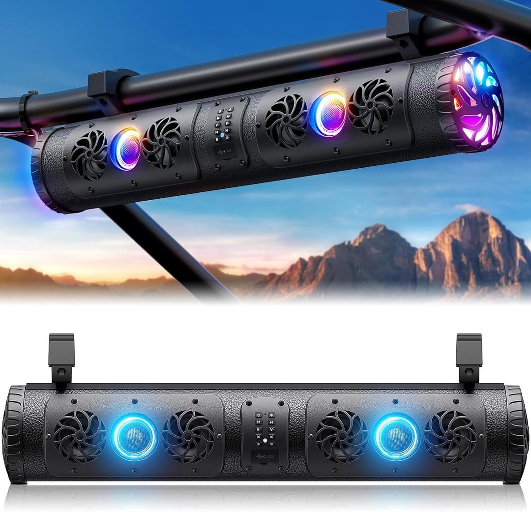 27 Inch UTV Sound Bar, Stereo Sound System Bluetooth ATV SoundBar with Multicolor Chasing Light, Waterproof Golf Cart Sound Bar Compatible with Polaris RZR Can-Am SXS Marine