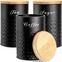 Bekith 3 Pack Kitchen Canisters with Bamboo Lids, Airtight Metal Canister Set, Food Storage Containers Jars for Coffee, Sugar, Tea, Flour, Rustic Kitchen Decor Containers, Black