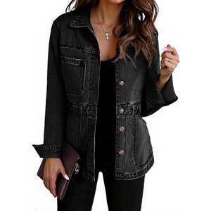 Tankaneo Denim Jacket for Women Distressed Jean Jacket Button Down Oversized Shacket with Pockets (Medium, Black)