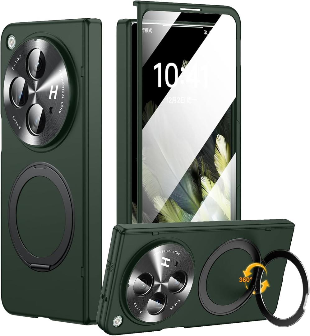 for Oneplus Open Case with 360 Magnetic Rotatable Ring Stand, Built-in Screen Protector & Hinge Protection, Thin & Slim Magnetic Stand Phone Case 5G, Green