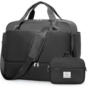 Travel Duffel Bags for Women, Carry-on Overnight Weekender Bag with Wet Pocket & Toiletry Bag, For Spirit Airlines 18x14x8 Personal Item Bag (Black)
