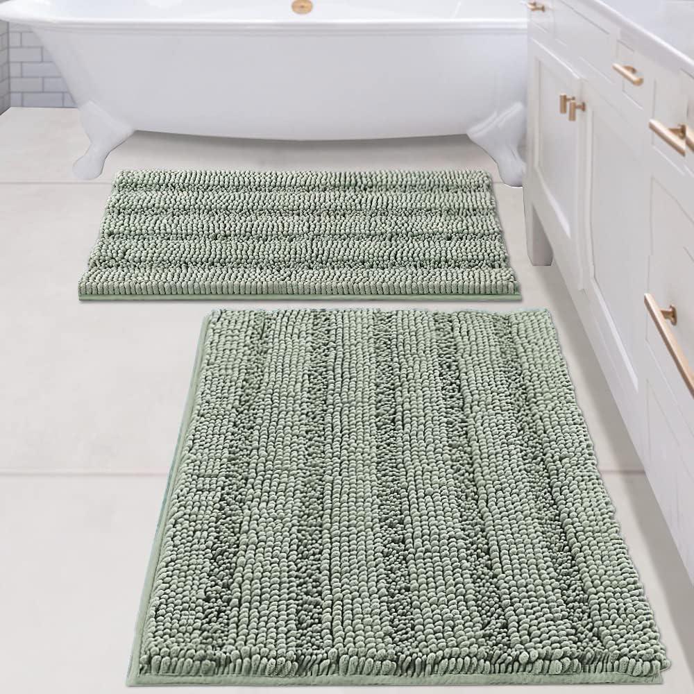 H.VERSAILTEX Bathroom Rugs Bath Mats Sets Super Absorbent Chenille Striped Bath Mats Non Skid Machine Wash Dry Rugs for Bathroom Floor Set of 2(Sage, 24 x 36 Plus 20 x 32 - Inches)