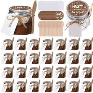 Hoolerry 30 Set Hot Chocolate Party Favors 3.4 oz Hot Chocolate Jars with Lid, Blank Tags and String Cocoa Bar Clear Plastic Containers for Christmas Winter Wedding Party Gifts