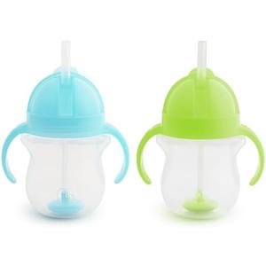Munchkin Any Angle Sippy Cups for Toddlers, Spill Proof Weighted Straw Cup with Transition Handles for Babies 6 Months and Up, Pack of 2, Blue/Green