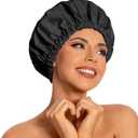 Reusable Shower Cap for Women, Large Waterproof Shower Bonnet Washable Elastic Band Bath Accessories Hair Hat for Long Hair, Braids(Black)