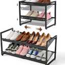 Expandable Shoe Rack, 2 Tier Adjustable Shoe Organizer with Flat & Slant Dual Use Design, Space Saving Shoes Stand for Closet & Entryway, Sturdy Dense Metal Grid Shoe Holder for High Heels, Sneakers
