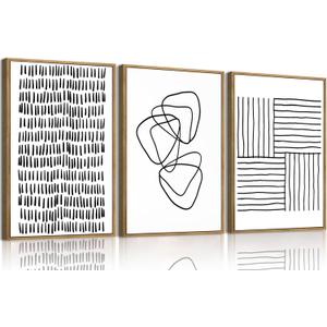 OIQArtOIQ 3 Piece Large Abstract Canvas Wall Art For Living Room Black and White Lines Geometric Framed Wall Art Mid Century Modern Minimalist Art Prints Artwork For Bedroom Office Dining Room 12x16 in
