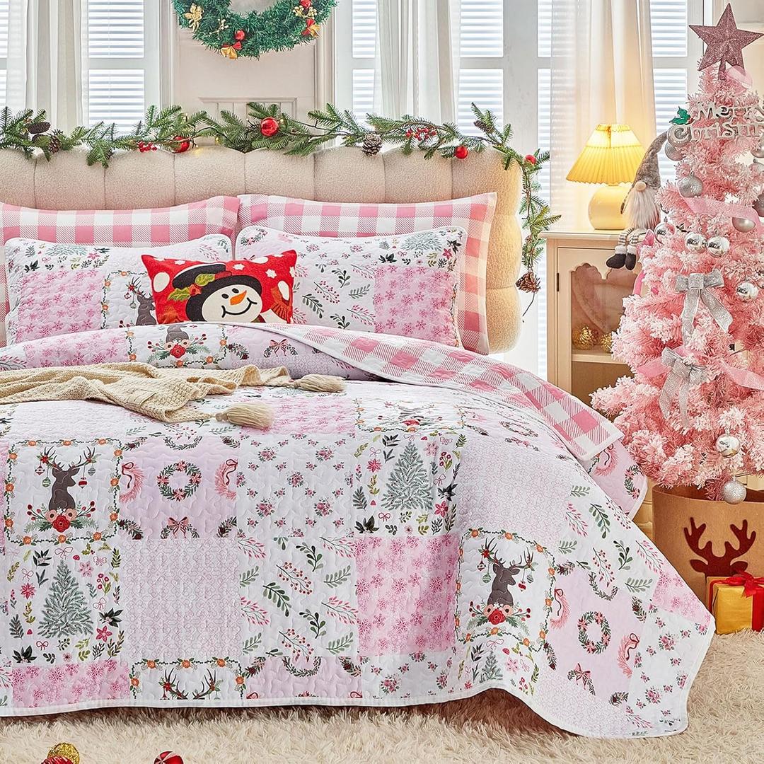 Joyreap 3pcs Christmas Quilt Set King, Pink Xmas Patchwork Design, Lightweight Microfiber Bedspread Coverlet for All Season- 102x88 inches