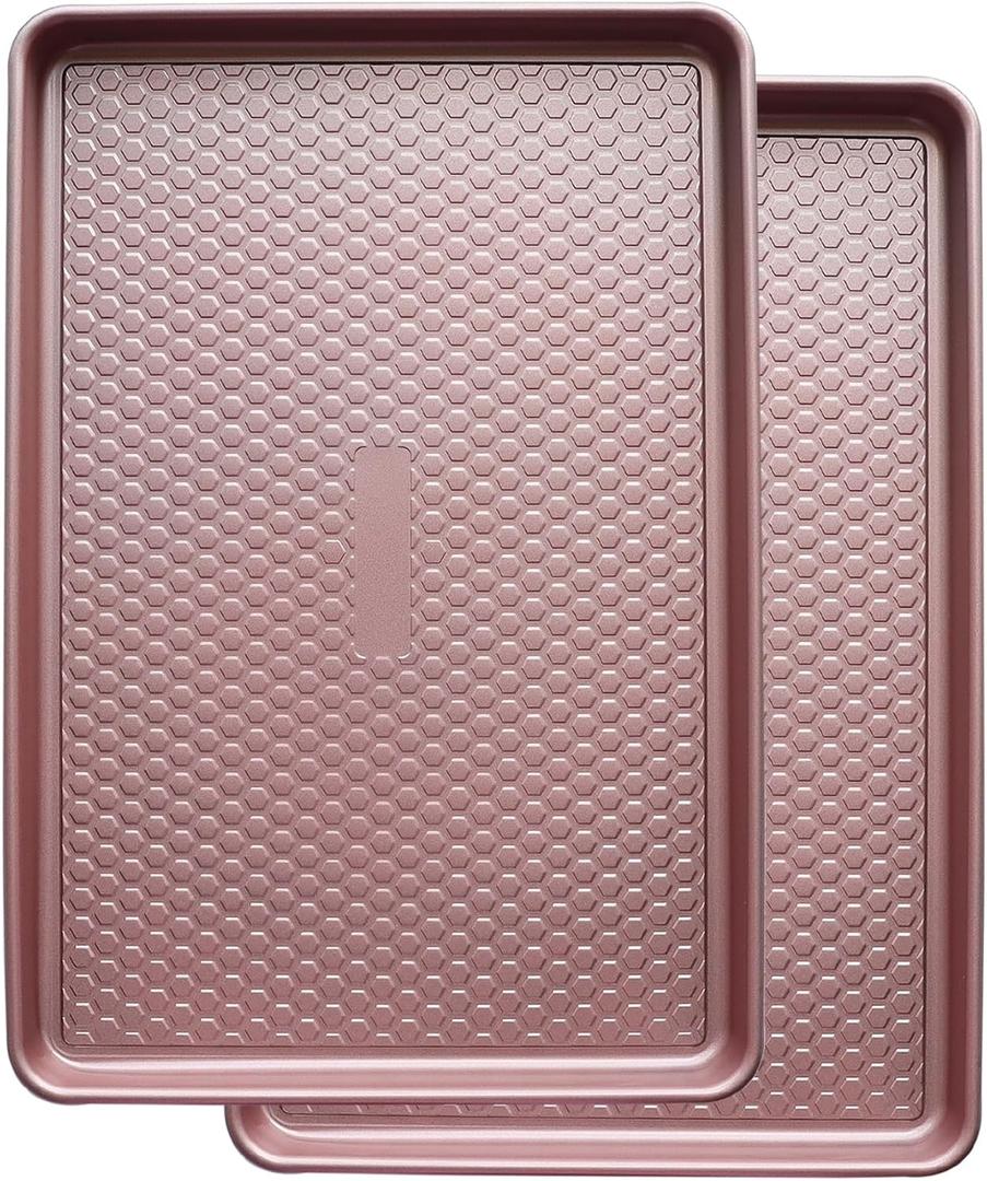 Large Baking Sheet Set (Pack of 2) - Half Sheet Pan 17.7x12.2 Inch, 0.8mm Heavy Duty Carbon Steel, Nonstick & Warp Resistant Cookie Sheet for Baking, Roasting, Texture Pattern/Rose Gold