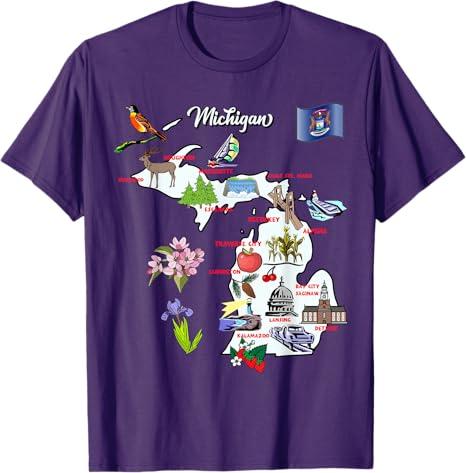 Illustrated Map of Michigan USA Cities Symbols T-Shirt, XL