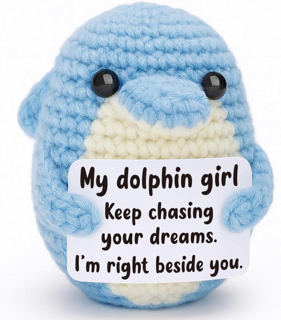 Easter Basket Stuffers for Girls Daughter, Handmade Positive Crochet Dolphin 4 Inch Blue, Trendy Gifts for Teen Tween, College Graduation Gift, Spring Birthday Surprise
