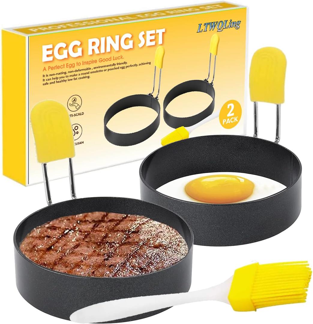 2 x 4 Inch Large Egg Rings for Frying Eggs, 2 Pack Stainless Steel Egg Cooking Rings Nonstick Round Egg Shaper Mold with Anti-scald Handle for English Muffins Pancake Cooking Griddle