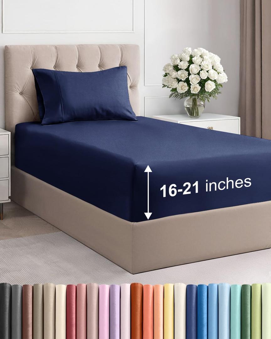 Extra Deep Pocket Twin XL Size Sheet Set - 3 Piece Breathable & Cooling Bed Sheets - Hotel Luxury Bedding with 16 to 21 inch Extra Deep Pockets - Soft, Fade & Wrinkle Resistant - Oeko-Tex - Navy Blue