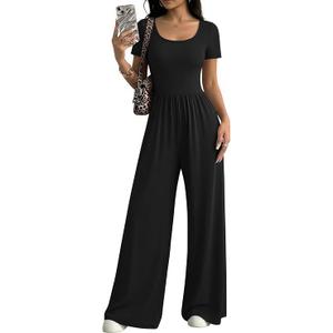 Ekouaer Summer Jumpsuits for Women Short Sleeve Wide Leg Romper Casual Square Neck Jumper 2026 One Piece Overalls with Pocket M