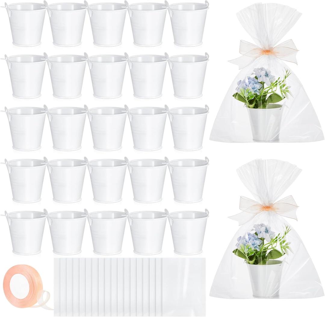 Domensi 50 Pcs Wedding Mini Metal Buckets with Handle 1.65 x 2.05 x 2.36 Inch Mini Tin Buckets White Bucket White Metal Pails Gift Packaging Set for Easter Decorations Party Favors Bridal Craft