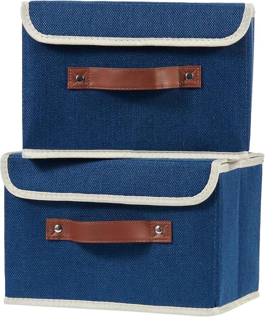 2PCS Storage Boxes with Lid Cotton Linen Fabric Storage Bins Organizer Container Decorative Collapsible Washable Shelf Closet Baskets Faux Leather Handles Home Bedroom (Deep Blue, Small)