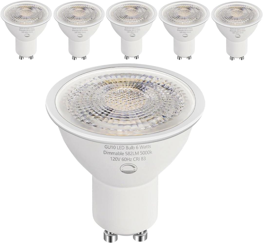 6 Pack GU10 LED Bulbs, 6W (50W Halogen Equivalent) Dimmable 5000K Daylight, 580LM, for Track Lighting, Recessed Can Lights, Kitchen & Display Lighting