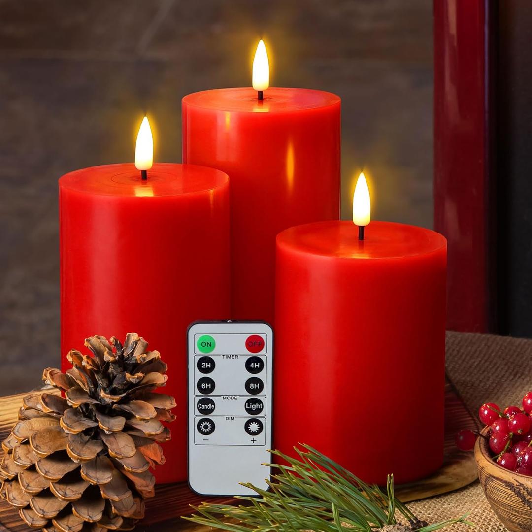 Eywamage Red Christmas Flameless Pillar Candles with Remote, Flickering Battery Operated LED Wax Candles Set of 3