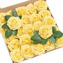 Lings Moment Artificial Flowers 25Pcs French Yellow Roses Decor w/Stems,3" Real Touch DIY Foam Floral for Wedding Bouquet/Centerpieces, Outdoors Party Backdrop, Room/Table, and Garden/Pot Decorations