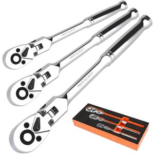 PRIDE&CRAFT 3pc Flex Head Ratchet Wrench Set, 1/4", 3/8", 1/2" Drive, 72-Tooth, Socket Wrench Quick Release Reversible Design, Chrome Alloy Made, EVA Organizer