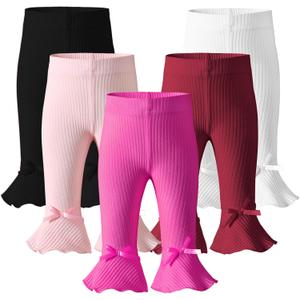 Newborn Toddler Baby Girl Pants Leggings Ribbed Straight Flare Infant Girl Pants Leggings Bell Bottoms 5 Packs (0-3 Months, #2 Black White Pink Megenta Red)