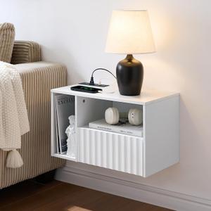 Modern Matte White Fluted Floating Nightstand with Charging Station, NightStand with Drawers, Bedside with USB Ports and Outlets, Bedroom Furniture(Left) (Single)