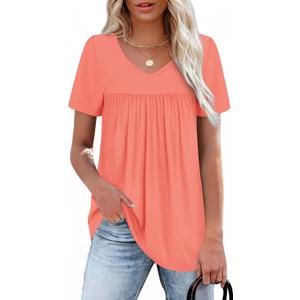 T Shirts for Women Short Sleeve Pleated Oversized Summer Tops Loose Fit V Neck Plus Size Beach Vacation Outfits Clothes Resort Wear 2025 Coral 2XL
