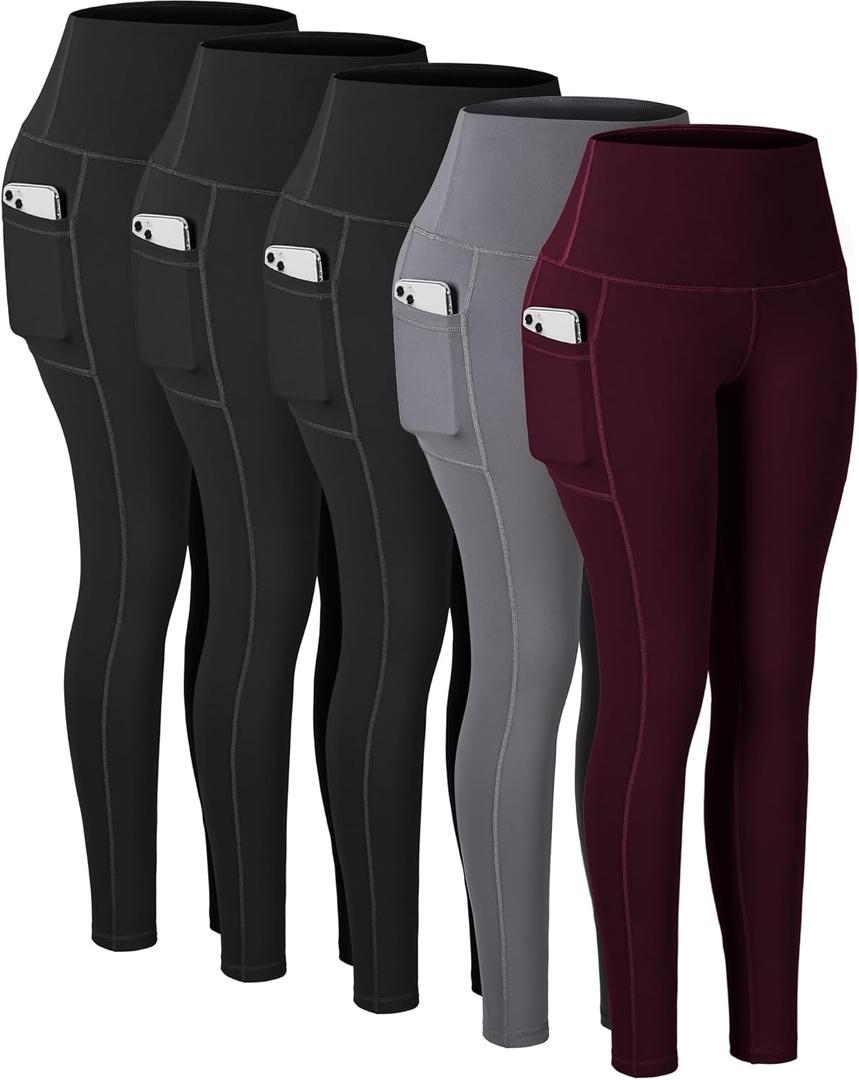CHRLEISURE Leggings with Pockets for Women, High Waisted Tummy Control Workout Yoga Pants (X-Small, 5 Packs - Black/Black/Black/Grey/Cassis)