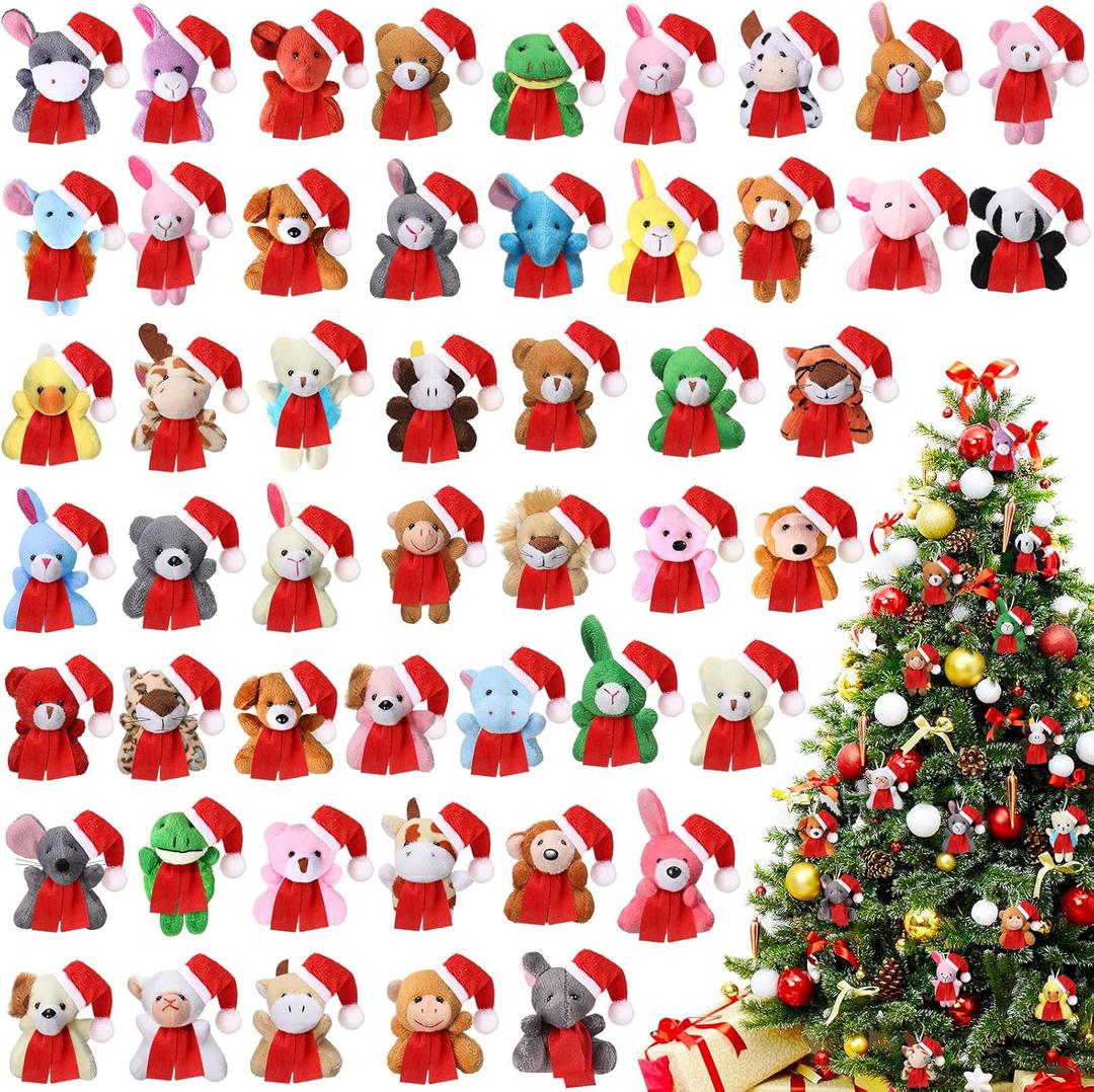 50 Pcs Mini Stuffed Animals Bulk Cute Safari Jungle Small Plush Doll Toy Set Tiny Plush Keychain Decoration Party Favor Gift Carnival Classroom Prize(Santa Style,Cute Color)