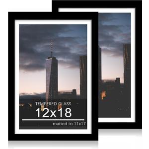 12x18 Picture Frame Set of 2, 12 x 18 Wood Poster Frames with Mat for 11x17, Wooden Photo Frames with Tempered Glass Cover for Wall Display,Black, 12x18-2pack