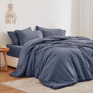 Love's cabin Seersucker Navy Blue Queen Comforter Set 7 Pieces, All Season Bedding Set, Queen Bed in a Bag Comforter Set with Comforter, Flat Sheet, Fitted Sheet, Pillowcase and Pillow Sham Queen (88"X88" Navy Blue 