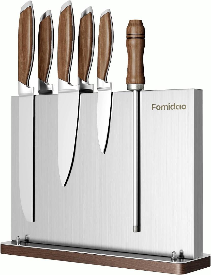 Magnetic Knife Block,Stainless Steel Magnetic Knife Holder Rack for Kitchen Counter,Strong Double Sided Magnet Knife Storage Stand with Wood Base (11.813.148.85 inch)