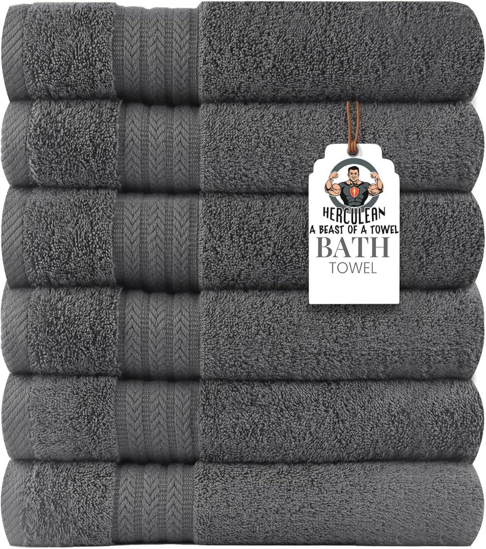 HERCULEAN Large Bath Towels 24 x 50 Pack of 6 | Quick Dry and Highly Absorbent | 100% Cotton Terry Towels for Bathroom - Perfect for Shower - Pool and Spa - Luxury Soft Towels - Light Grey
