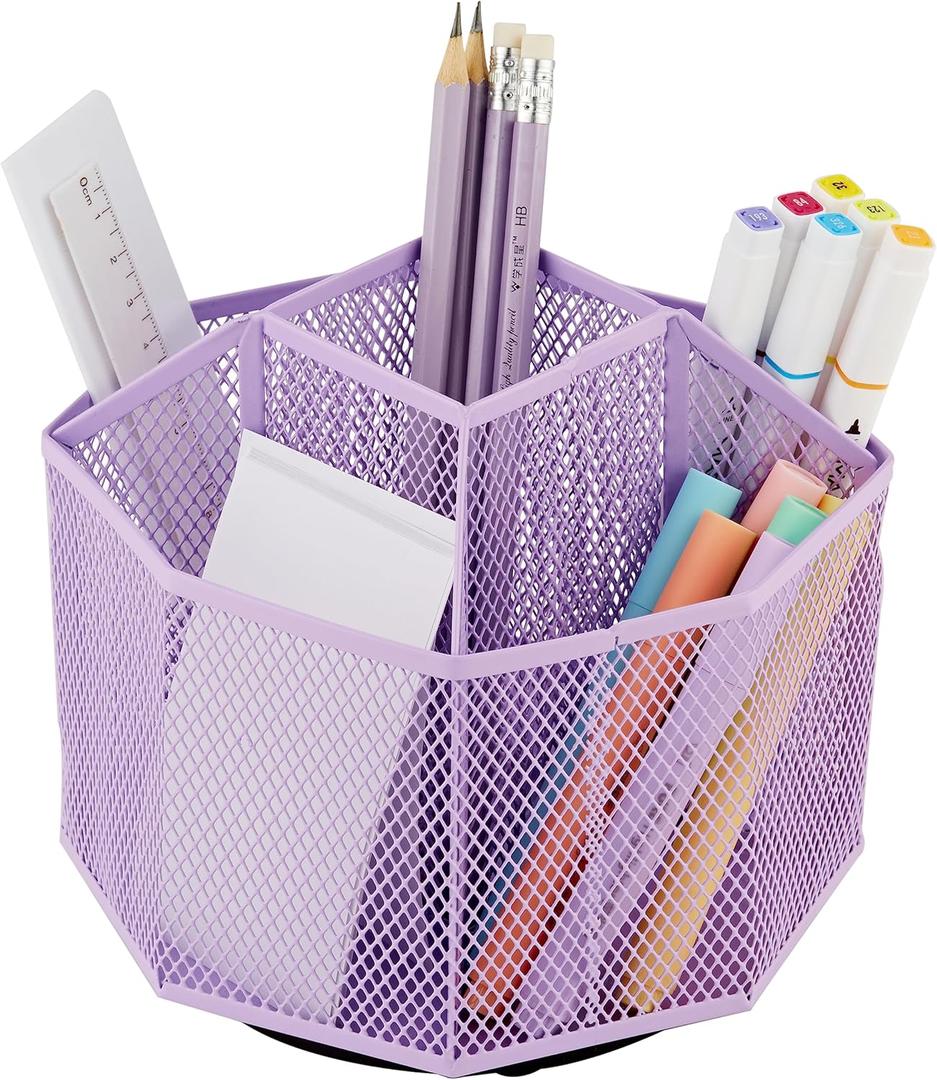 Annova Mesh Desk Organizer Rotate with 5 Compartments Spinning Tidy Candy/Pen Holder Office, Art Supply, Storage, Classroom, Home (Light Purple)