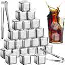 24 PCS Stainless Steel Ice Cubes,Reusable Metal Whiskey Stones,Refreezable Metal Chilling Rocks with 2Pcs Ice Tongs,for Whiskey Vodka Wine Juice Drinks Soda