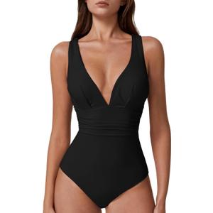QINSEN One Piece Bathing Suit for Women Tummy Control V Neck Swimsuit High Waist Monokini, Black, Medium