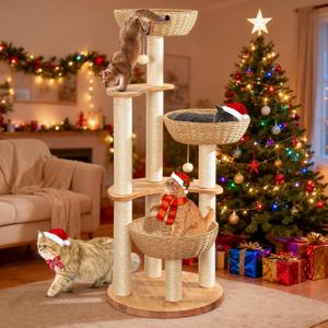 54" Modern Cat Tree Tower for Indoor Cats, Oak Cat Scratching Tree for Multiple Large Cats, Manual Hand Woven Luxury Cat Condo, Unique High-end Design Cat Furniture Activity Centre, Easy Clean 54" Modern Cat Tree Tower for Indoor Cats, Oak Cat Scratching Tree for Multiple Large Cats, Manual Hand Woven Luxury Cat Condo, Unique High-end Design Cat Furniture Activity Centre, Easy Clean