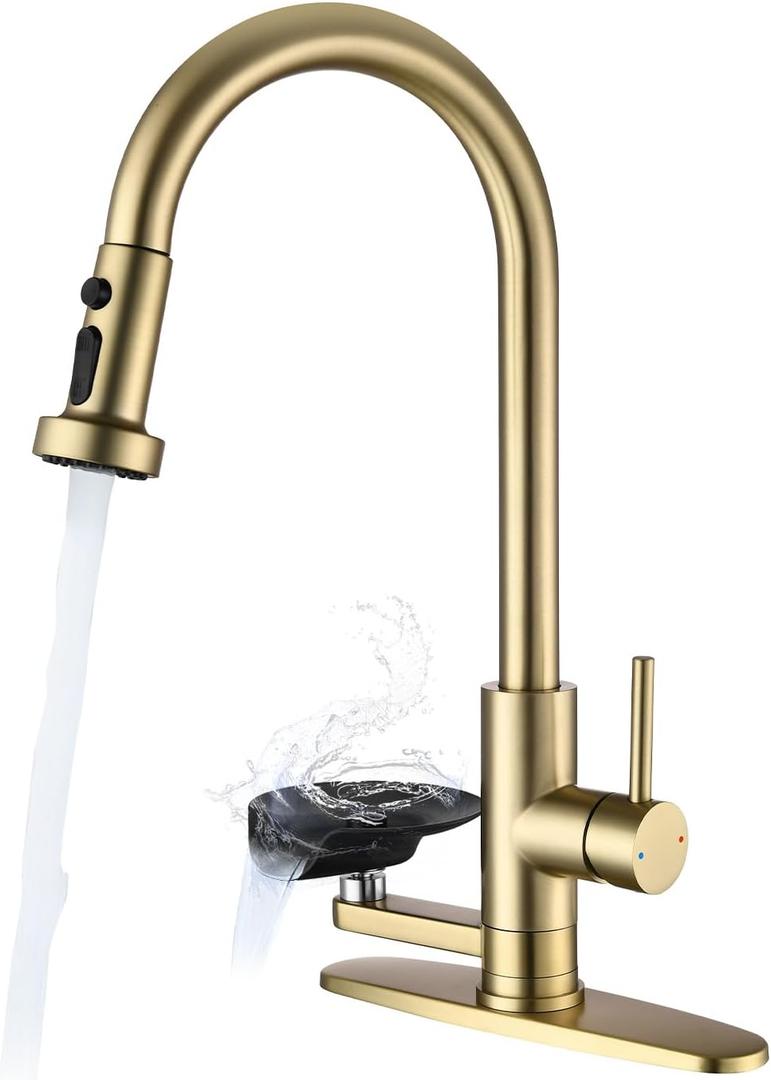 Pull Down Kitchen Faucet with Glass Rinser, 3 Spray Modes, Brushed Gold | stainless steel, high pressure glass rinser, 3 or single hole install, high arc spout, fits bar RV & farmhouse sinks