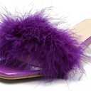 Women's Square Toe Heeled Sandals Low Block Chunky Heels Clear Mules Fluffy Feather Slip on Wedding Bridal Party Dress Shoes (Purple) 41