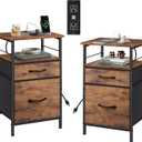 WLIVE Night Stand Set 2, Nightstand with Charging Station, Bedside Tables for Bedroom, Side Table with Fabric Drawers, USB Ports and Outlets, Rustic Brown