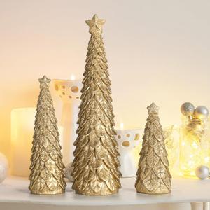 Beeveer 3 Pcs Christmas Tree Figurines Set Glitter Resin Tabletop Christmas Tree Decor Elegant Xmas Tabletop Centerpieces for Tables Desk Shelf Mantel Holiday Indoor Decorations(Gold)