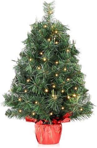 Santanelo 2ft Pre-lit Artificial Mini Christmas Tree,Small Xmas Pine Tree with 50 Lights, Tabletop Christmas Tree Battery Operated Green Xmas Tree for Tabletop
