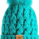 2 x PAGE ONE Womens Winter Ribbed Beanie Crossed Cap Chunky Cable Knit Pompom Soft Warm Hat (Green)