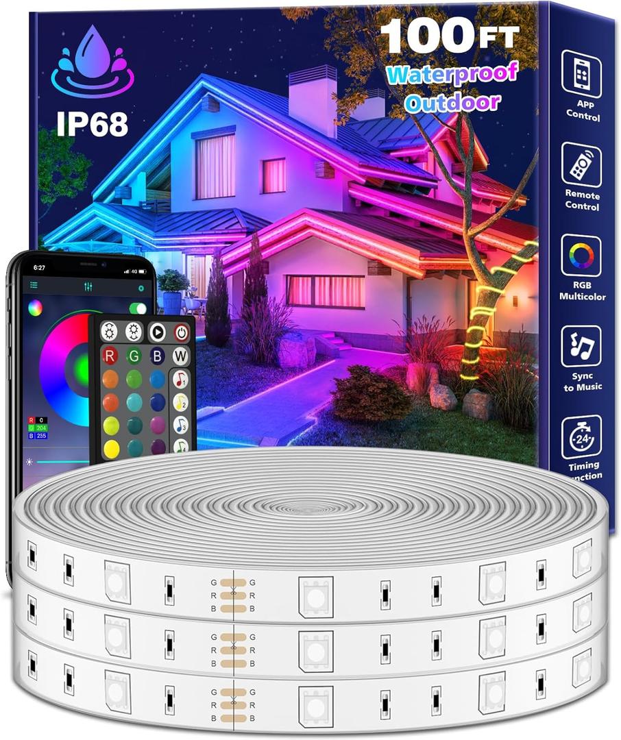 FBZ 100Ft Outdoor Waterproof LED Strip Lights, Music Sync RGB IP65 Led Lights with App Control and Remote, Color Changing Waterproof Led Rope Lights for Outdoor, Balcony, Roof, Garden, Stairs Party