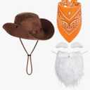 4 Pcs Prospector Costume Accessories Including Cowboy Bucket Hat Fake Big Beard Eyebrows Paisley Bandana for Halloween Old Men Cosplay Party