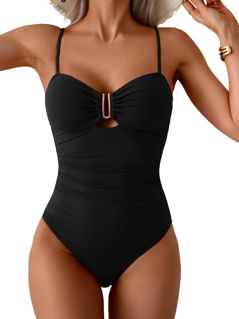 Eomenie One Piece Swimsuit for Women Tummy Control Ruched Bathing Suit Cutout U Wire Swim Suits (Black, L)