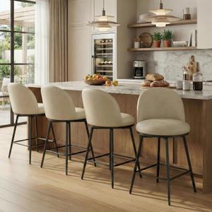 26" Counter Height Swivel Bar Stools Set of 4, Upholstered Faux Leather Barstools with Backs and Metal Legs for Kitchen Island,Cream