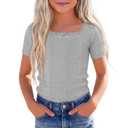 Xaatren Girls Square Neck Short Sleeve T-Shirt, Light Gray, 11-12 Years (Gray)